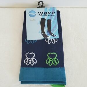Wave Compression Socks Navy Blue Green White Paw Prints Size L/XL NWT